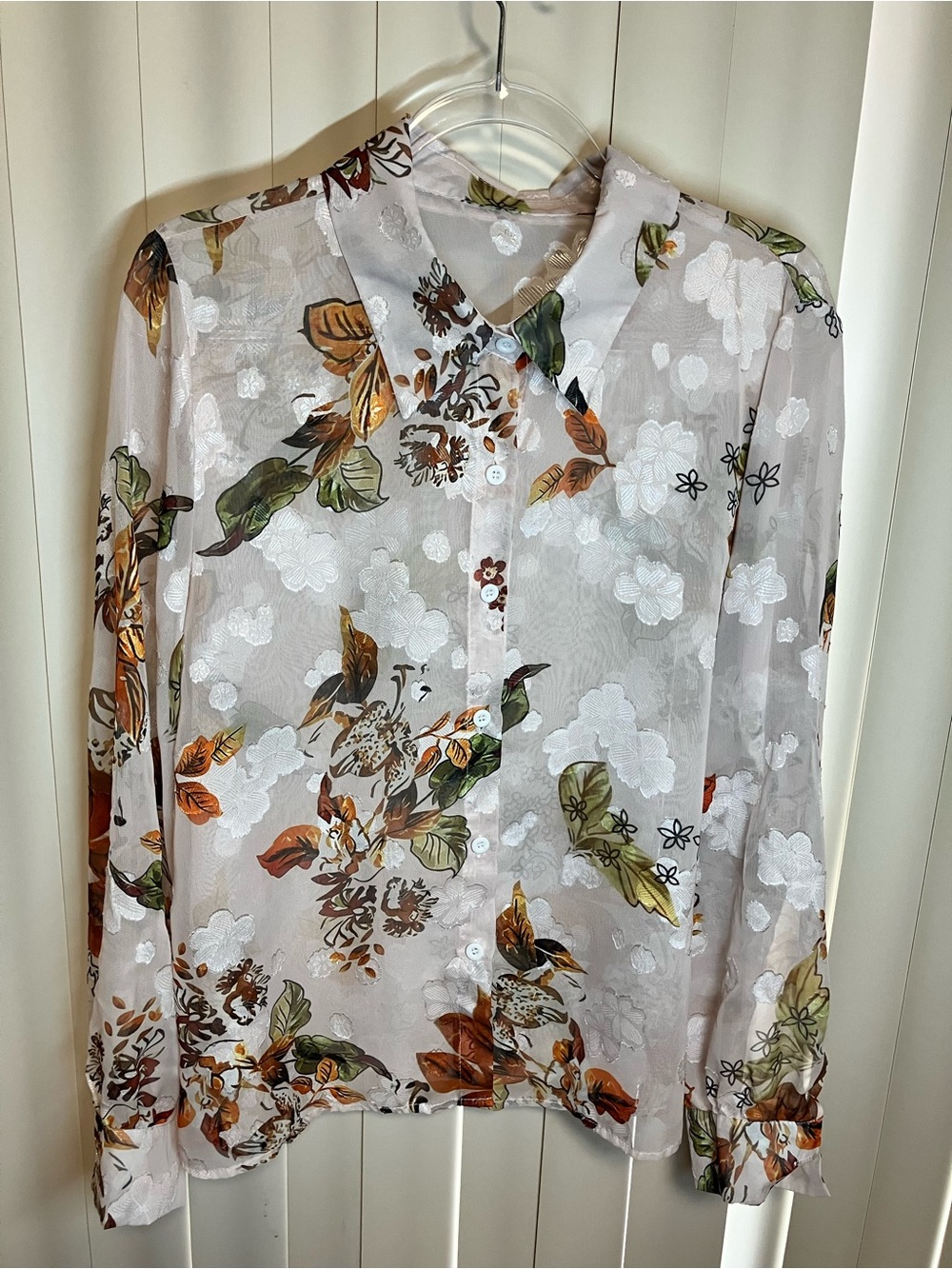 Sheer Floral Button-Up Blouse - White with Green & Brown Floral
